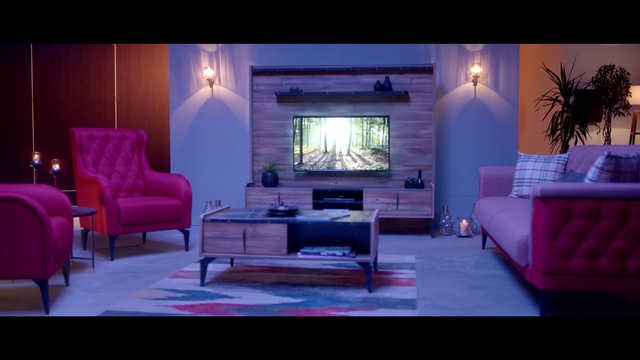 Video Reference N1: Furniture, Couch, Purple, Light, Comfort, Building, Interior design, Lighting, Lamp, Picture frame