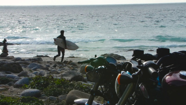 Video Reference N1: Water, Surfing, Photograph, Surfboard, Sky, Beach, Plant, Body of water, Leisure, Surfing Equipment