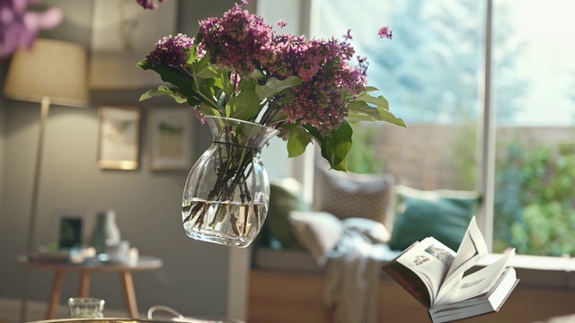 Video Reference N2: Flower, Branch, Purple, Vase, Petal, Table, Flower Arranging, Grass, Tableware, Artificial flower