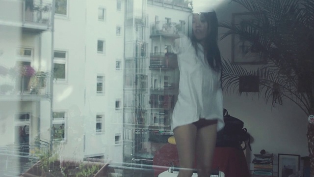 Video Reference N3: Window, Building, Plant, Flash photography, Waist, Thigh, Black hair, Tints and shades, Street fashion, Long hair