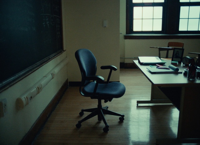 Video Reference N1: Table, Property, Office chair, Furniture, Window, Desk, Chair, Computer desk, Interior design, Building