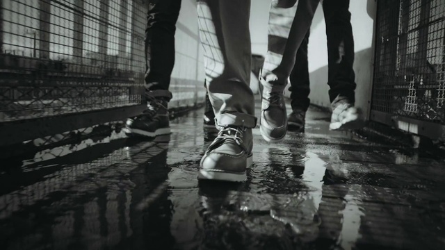 Video Reference N5: Footwear, Shoe, Leg, Black, Road surface, Flash photography, Black-and-white, Wood, Flooring, Grey