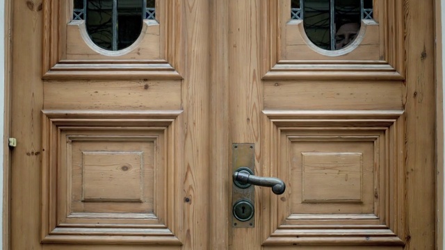 Video Reference N5: Brown, Property, Fixture, Wood, Architecture, Creative arts, Wood stain, Material property, Symmetry, Home door