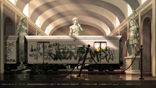 Video Reference N1: Train, Wheel, Rolling stock, Mode of transport, Track, Rolling, Railway, Font, Art, Building