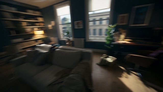 Video Reference N2: Building, Window, Bookcase, Shelf, Couch, Interior design, Wood, Plant, Shade, Shelving