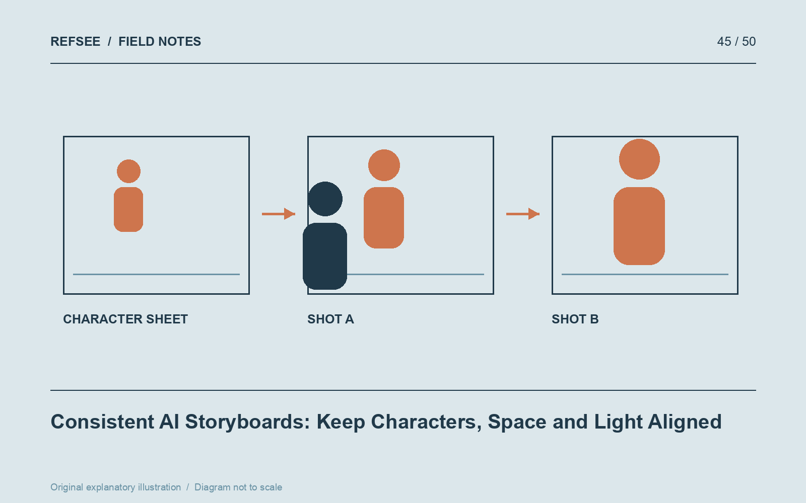 A consistent storyboard keeps character traits and wardrobe stable while changing the shot's viewpoint.